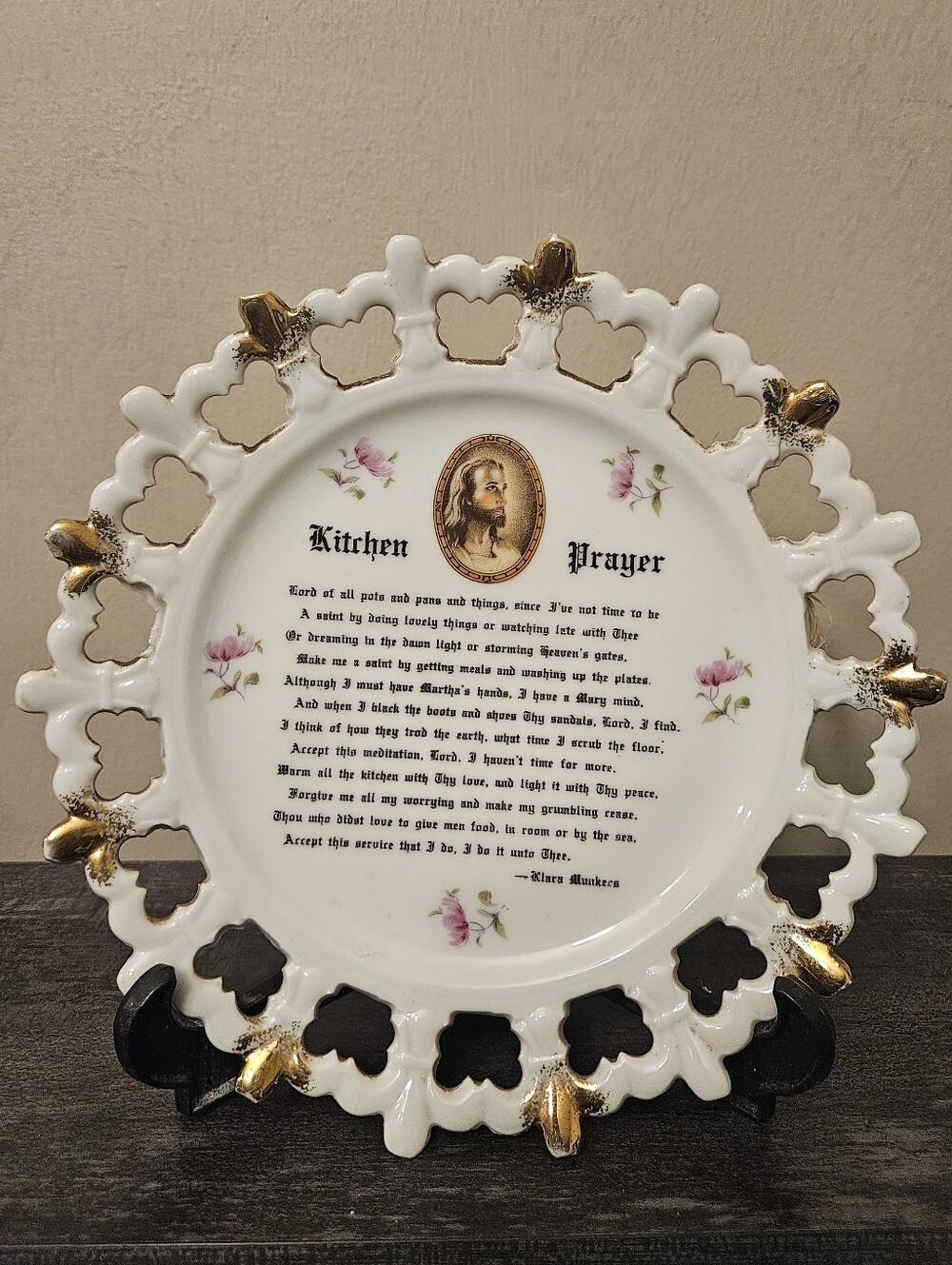 Vintage "The Kitchen Prayer" Lace Edge Plate Gold Trim Klara Munkres